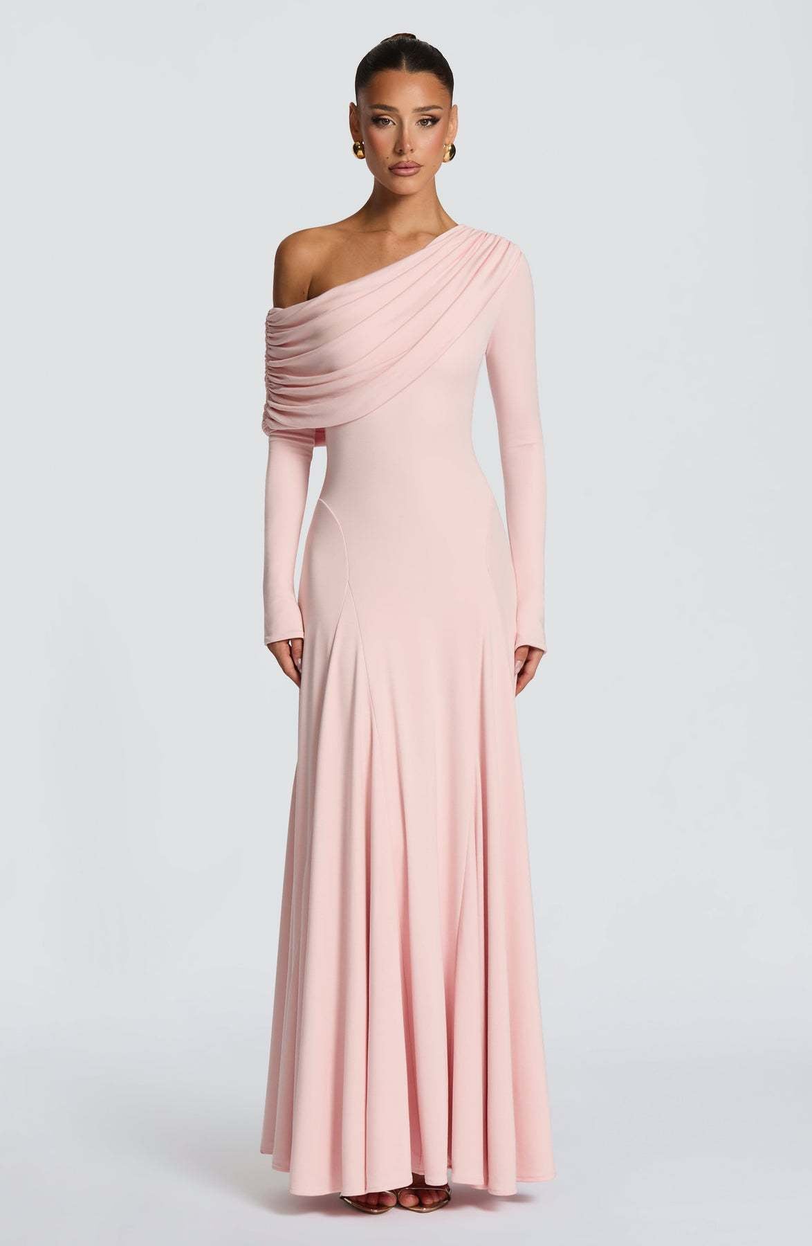 Damen Elegantes Langarm-Maxikleid mit asymmetrischem Drapierungsdetail EB
