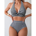 Damen Triangel-Bikini mit stilvollem Wickeldetail und trendigem Streifenmuster R&B