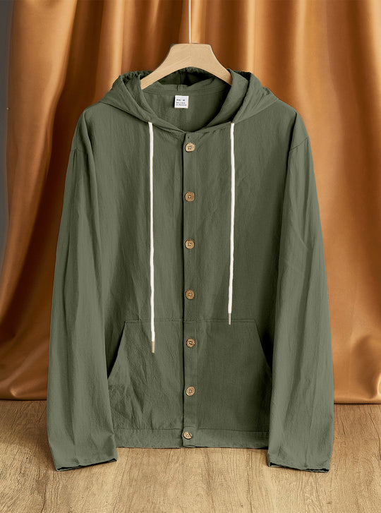 Herren nan leichte Kapuzenjacke mit Knopfleiste, Kängurutasche und Tunnelzug R&B