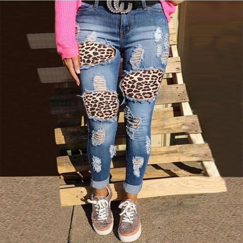 Damen Ripped Skinny Jeans mit Leoparden-Applikationen R&B