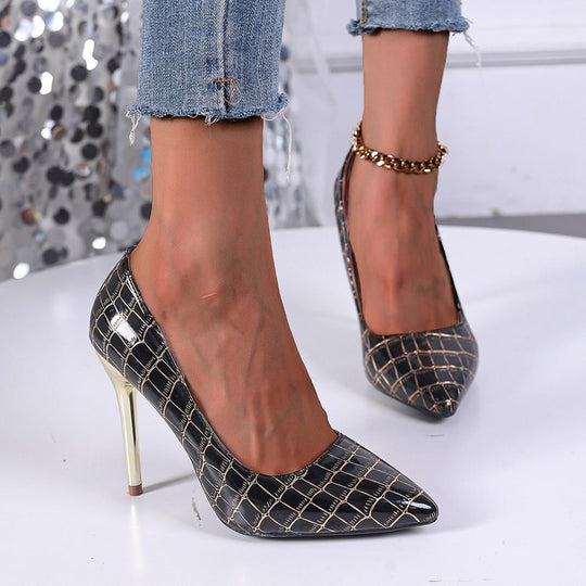 Damen Elegante High Heel Pumps mit glänzendem Krokodil-Design und markantem Absatz R&B