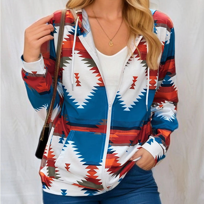 Damen Kapuzenjacke mit tribal inspiriertem Muster und praktischen Taschen R&B