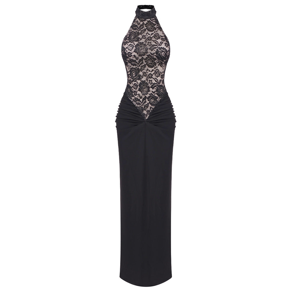 Damen Elegantes Spitzenkleid mit hohem Kragen und figurbetonendem Schnitt R&B