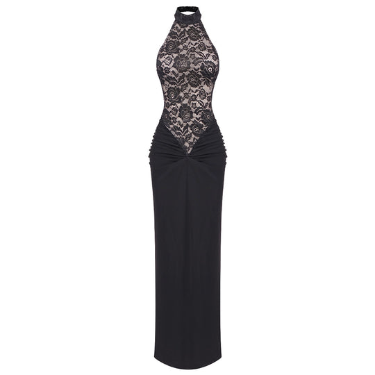 Damen Elegantes Spitzenkleid mit hohem Kragen und figurbetonendem Schnitt R&B