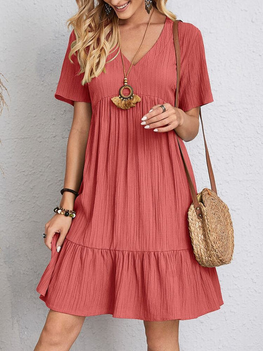 Damen nan Krepp-Kurzkleid mit V-Ausschnitt, geraffter Empirenaht und Volantsaum R&B