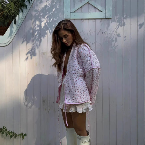Damen Bluse im Kimono-Stil mit floralen Mustern und Bindegürtel R&B