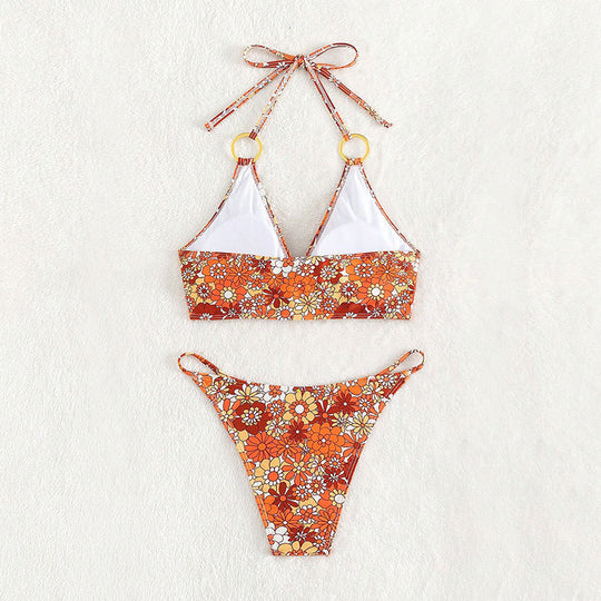 Damen Triangel-Bikini mit modischem Blütenmuster und eleganten Ringdetails R&B
