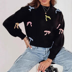 Damen Strickpullover mit verspielten Schleifenapplikationen und lässigem Schnitt R&B