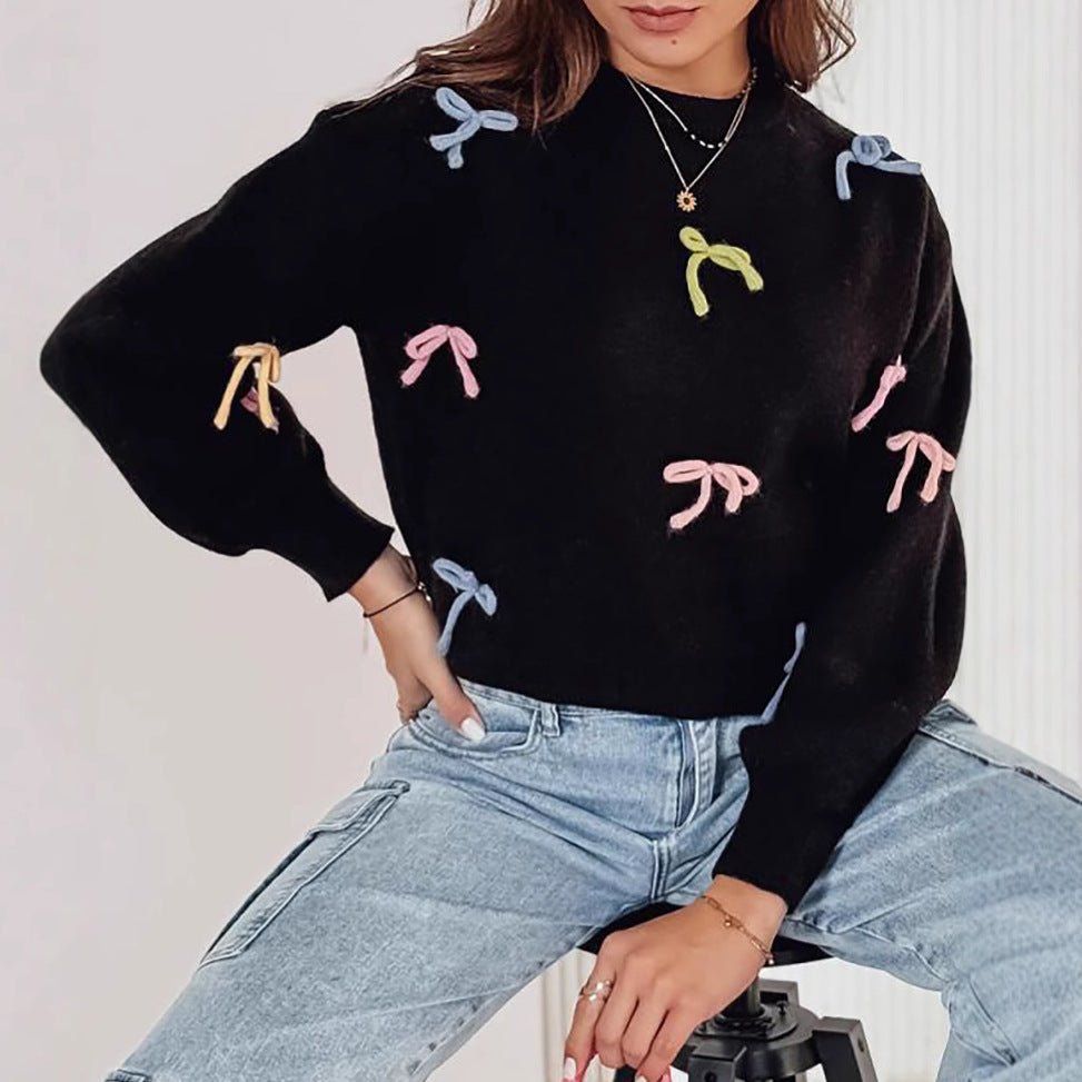 Damen Strickpullover mit verspielten Schleifenapplikationen und lässigem Schnitt R&B