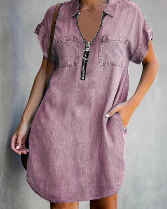 Damen Jeanshemdkleid mit praktischen Taschen und modernem Reißverschluss R&B