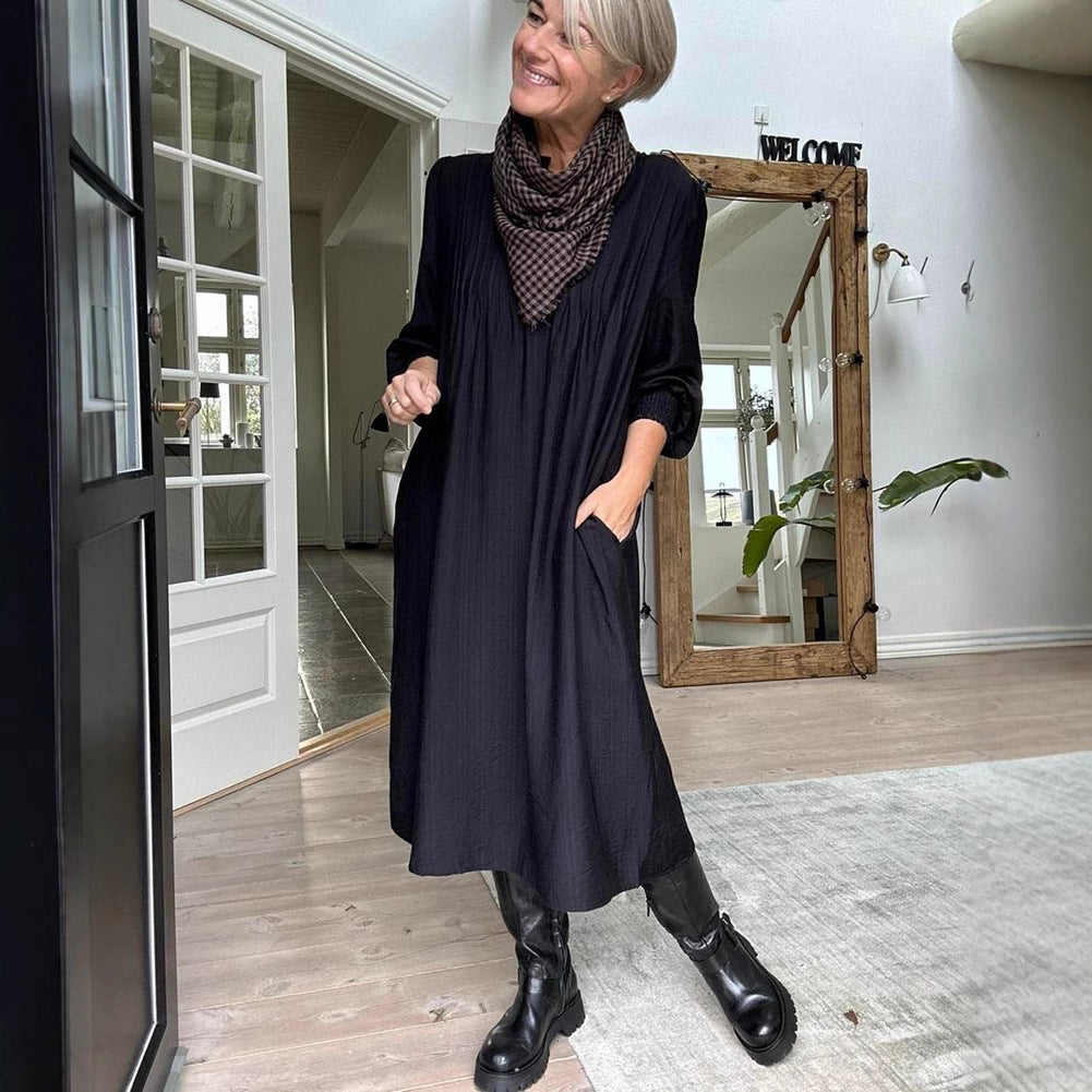 Damen Midikleid mit eleganter Faltenstruktur und praktischen Taschen Heidi-Mode