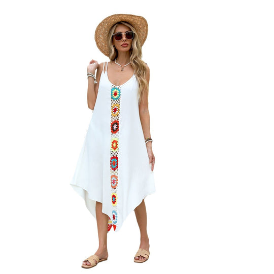 Damen luftiges Strandkleid mit buntem Häkelmuster und asymmetrischem Saum R&B