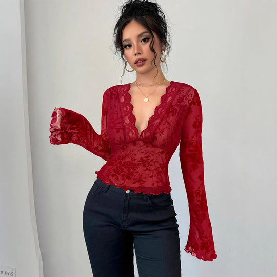 Damen Elegantes Spitzenoberteil mit tiefem V-Ausschnitt und Rüschendetails R&B