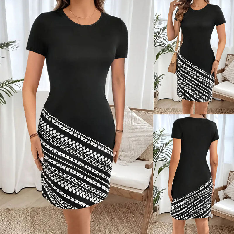 Damen figurbetontes Kurzarmkleid mit grafischem Design und Rundhalsausschnitt R&B