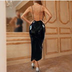 Damen Hochwetiges Lack-Midi-Kleid mit verführerischem V-Ausschnitt und Taillierung R&B