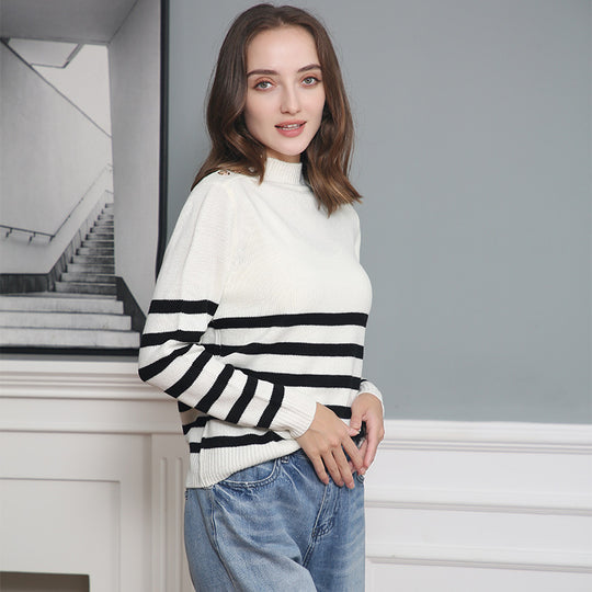 Damen modischer Strickpullover mit Streifenmuster und Knopfdetails R&B
