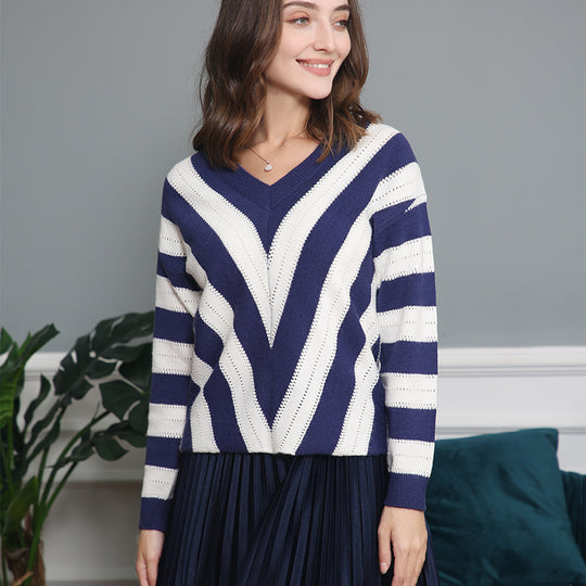 Damen V-Ausschnitt Strickpullover mit raffiniertem Streifenmuster R&B