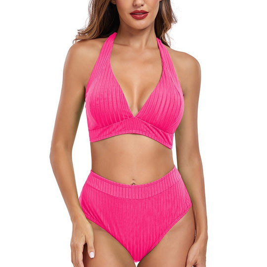 Damen Hochtaillierter Bikini mit V-Ausschnitt und Rippstruktur R&B