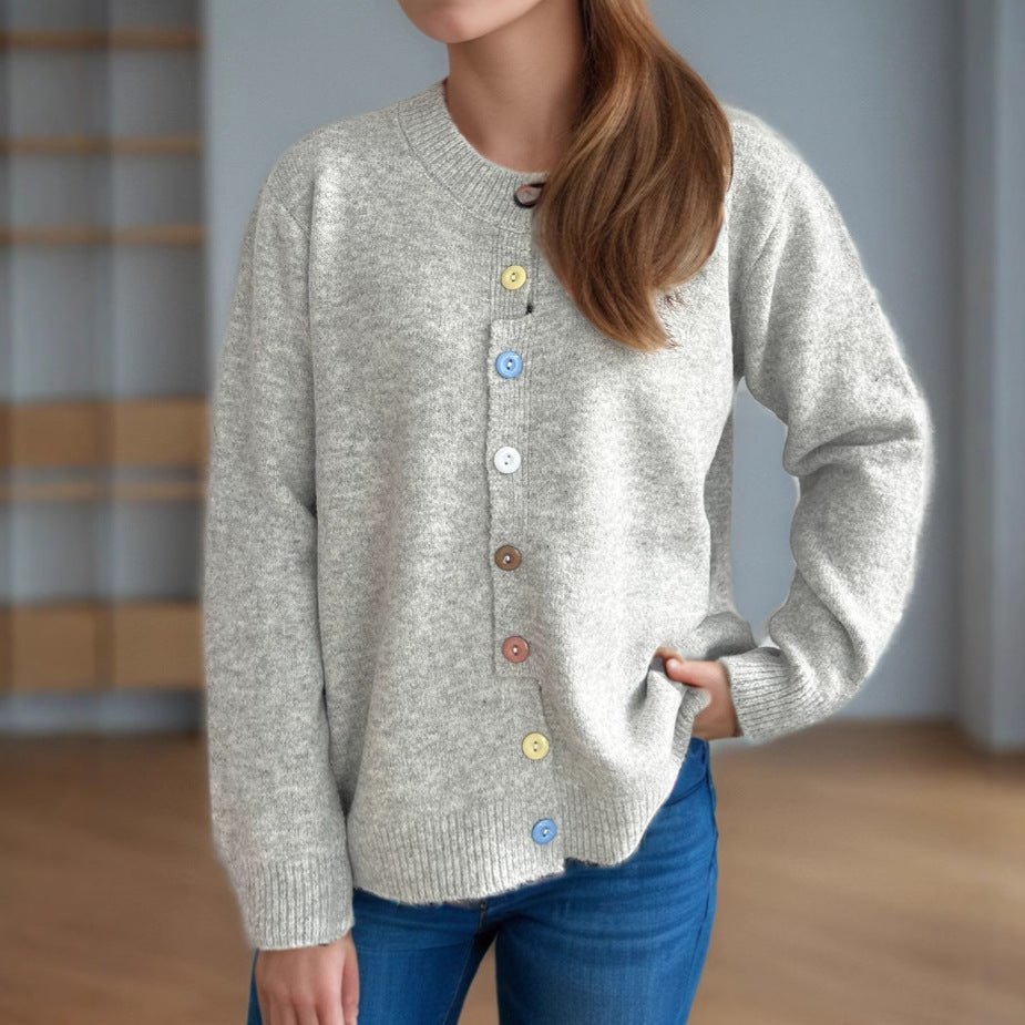 Damen kuschelige Strickjacke mit bunten Knopfdetails R&B