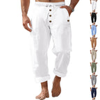 Herren nan lockere Leinen-Baumwoll-Hose mit elastischem Bund, Kordelzug und aufgekrempeltem Saum R&B