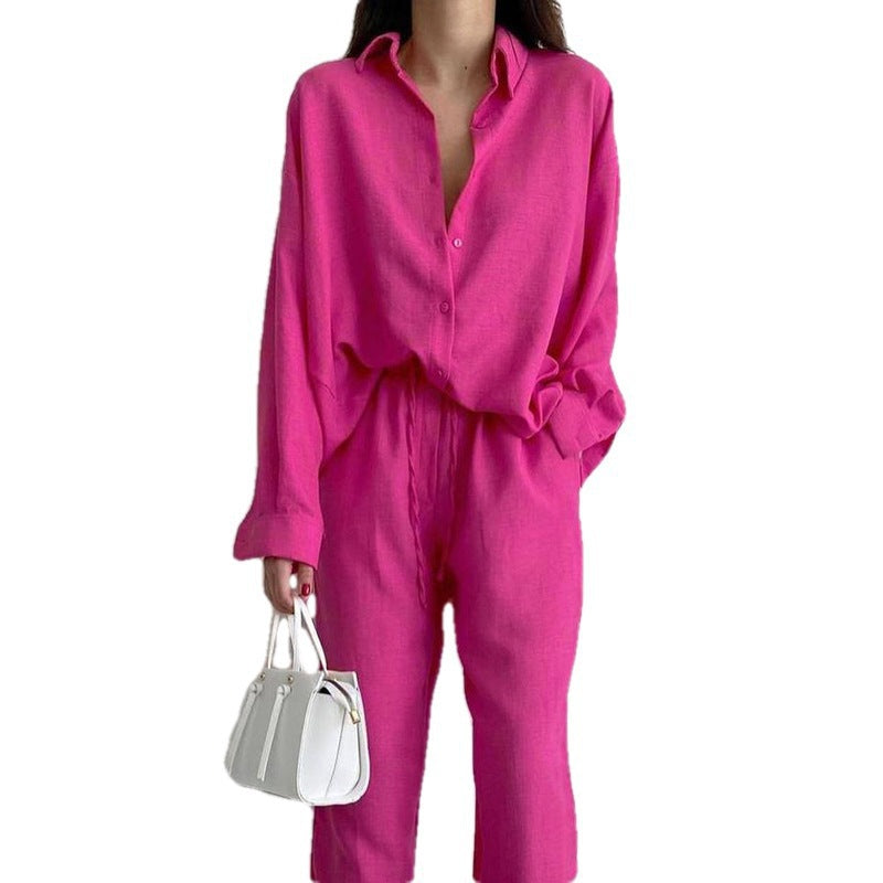 Damen lässiges Leinen Ensemble mit elegantem Hemd und weiter Hose