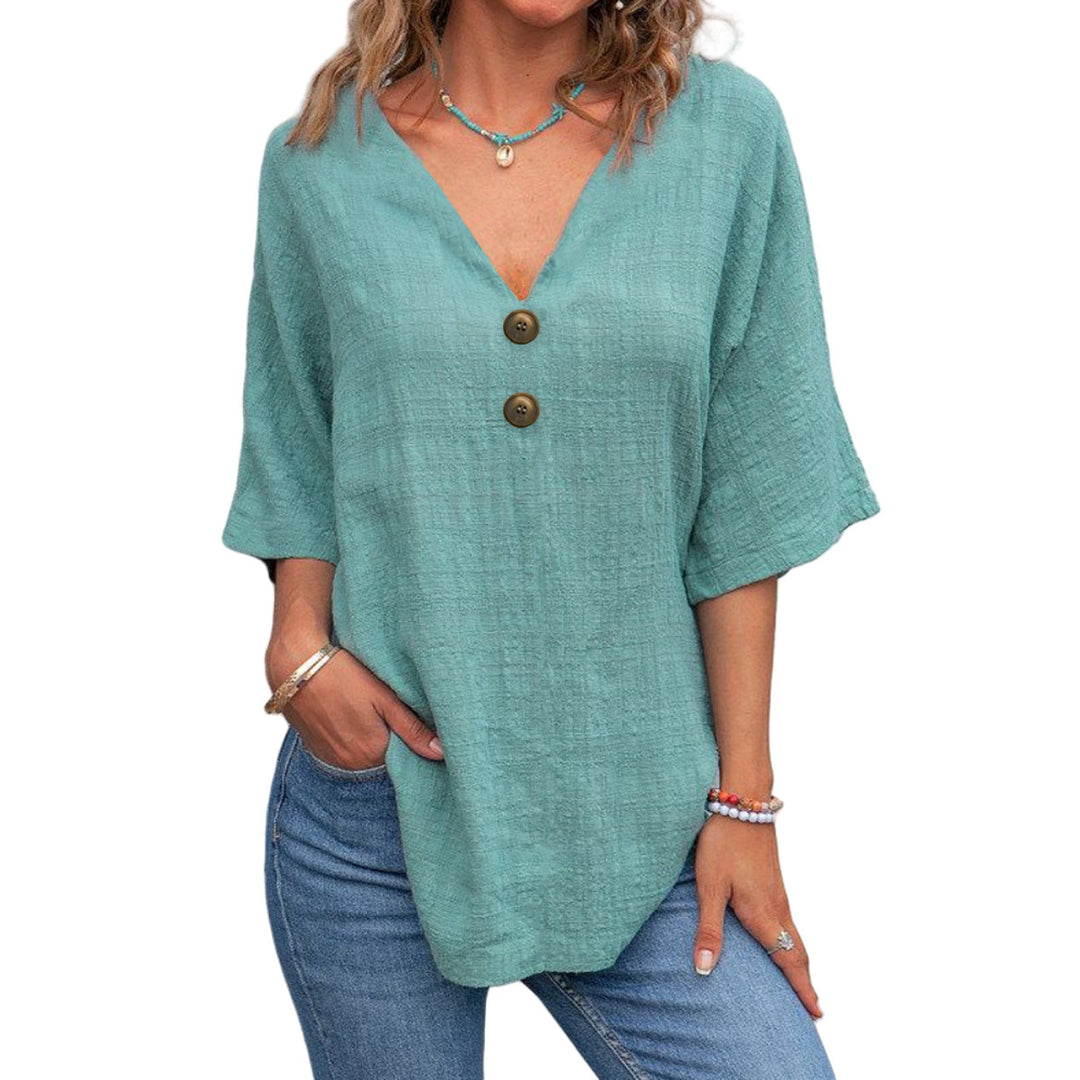 Damen V-Ausschnitt Bluse mit dekorativen Knöpfen und lässigem Schnitt R&B
