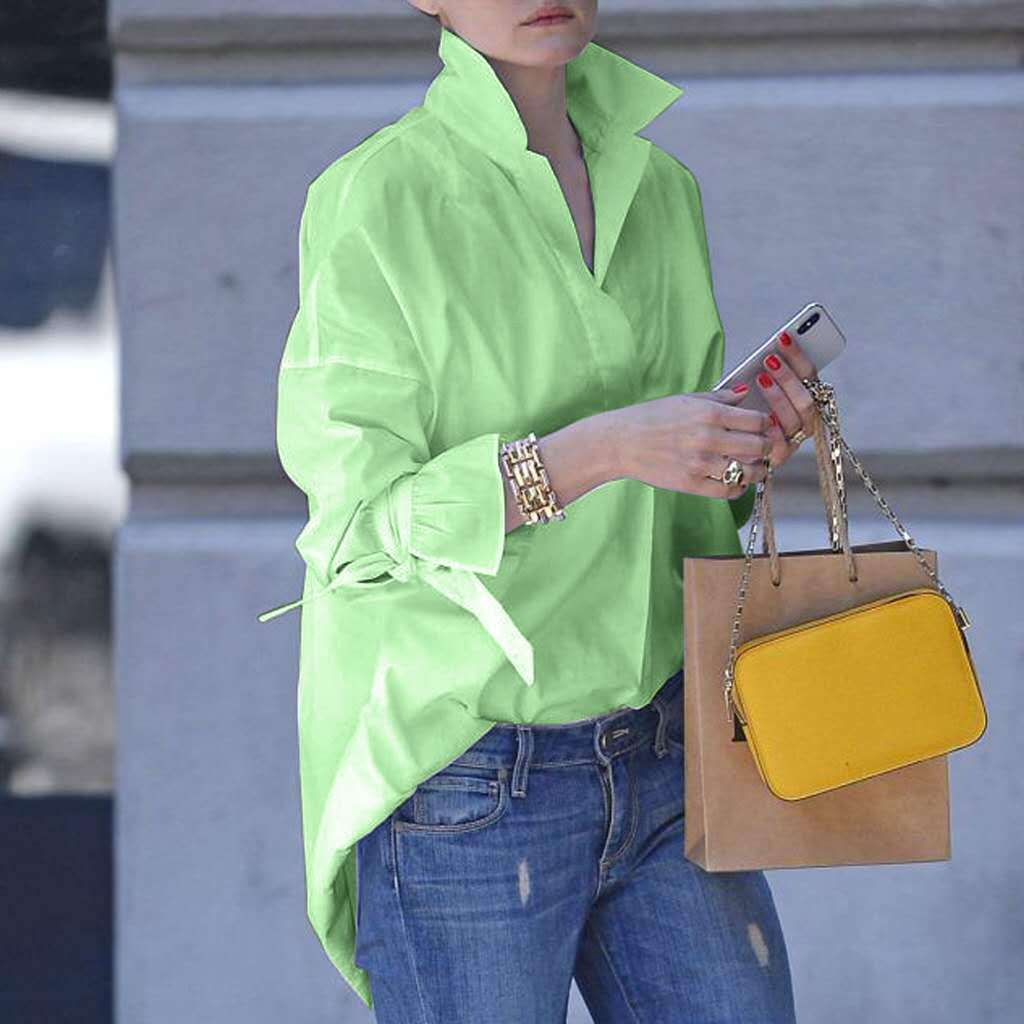 Damen lässige Overshirt-Bluse mit hohen Kragen und modernen Bindegürteln R&B