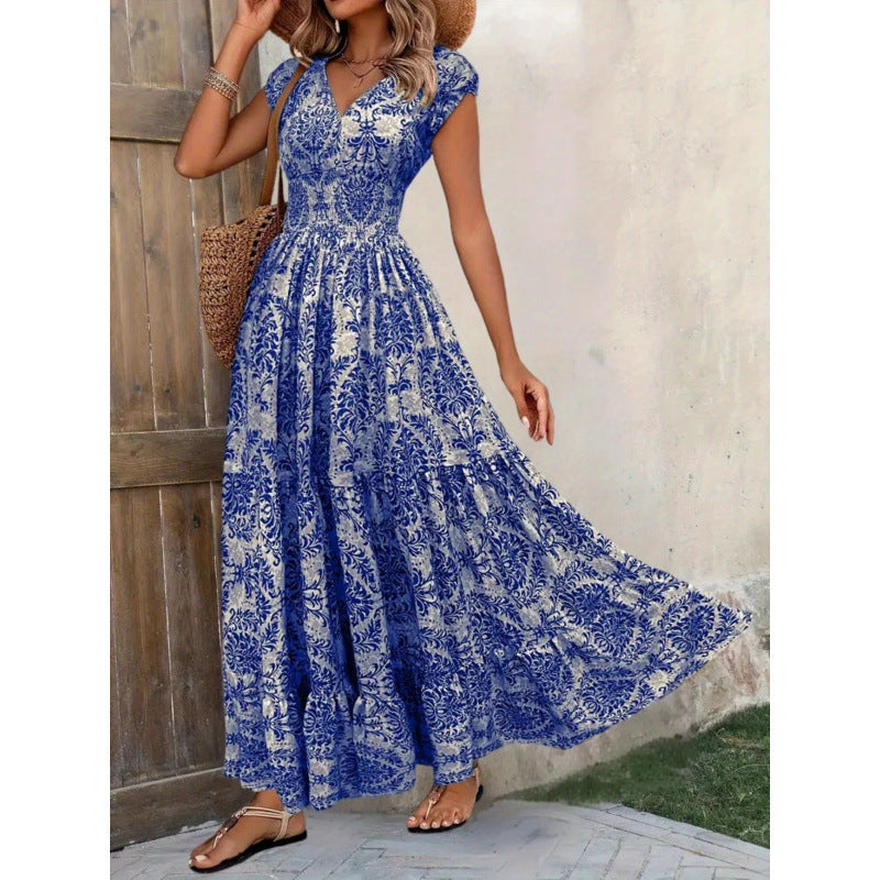 Damen Maxikleid mit nostalgischem Blumenmuster und voluminösem Rock R&B