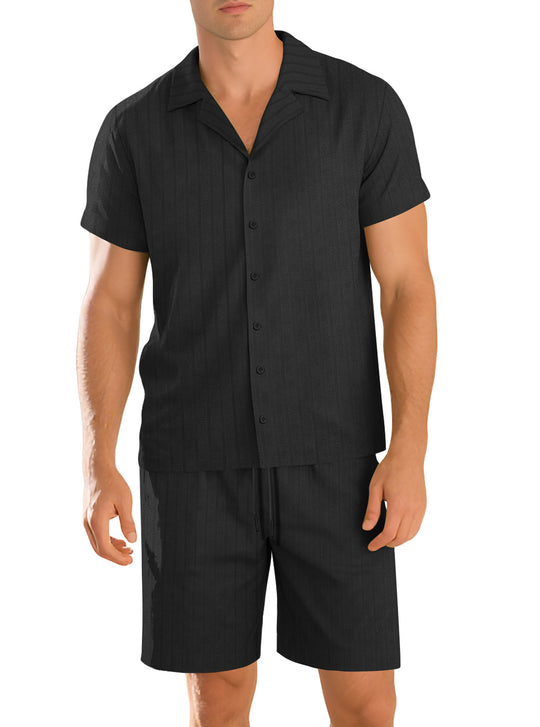 Herren nan Rippenstrick Lounge-Set mit Reverskragen Kurzarmhemd und Komfort-Bermuda R&B
