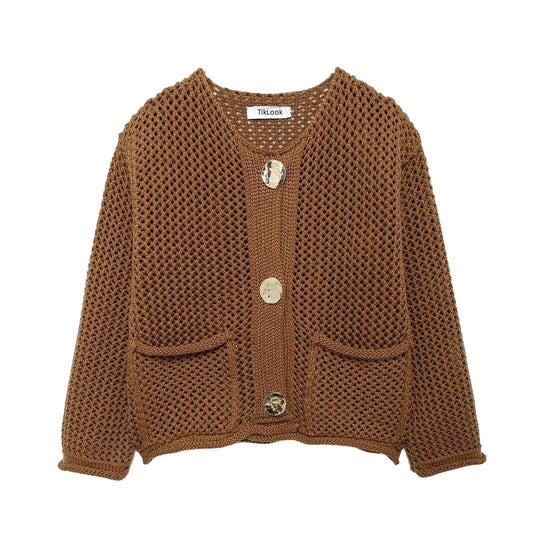 Damen luftiger Strickjacke mit dekorativem Netzdesign und praktischen Taschen R&B