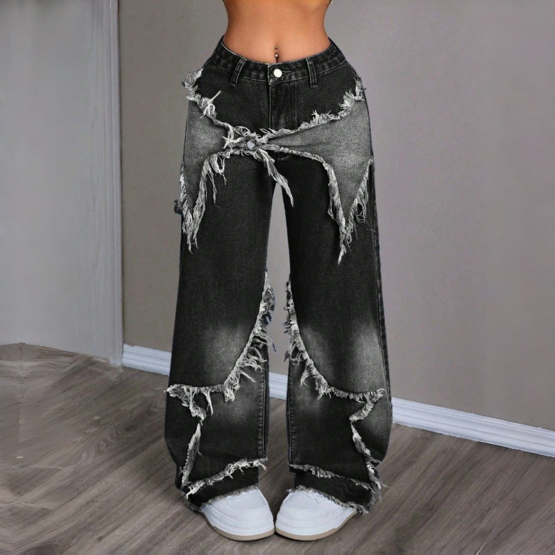 Damen Weite Jeans im modernen Destroyed-Look mit fransigen Details R&B