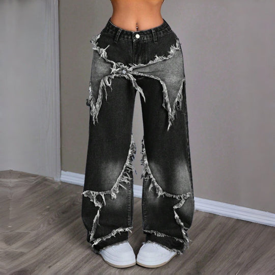 Damen Weite Jeans im modernen Destroyed-Look mit fransigen Details R&B