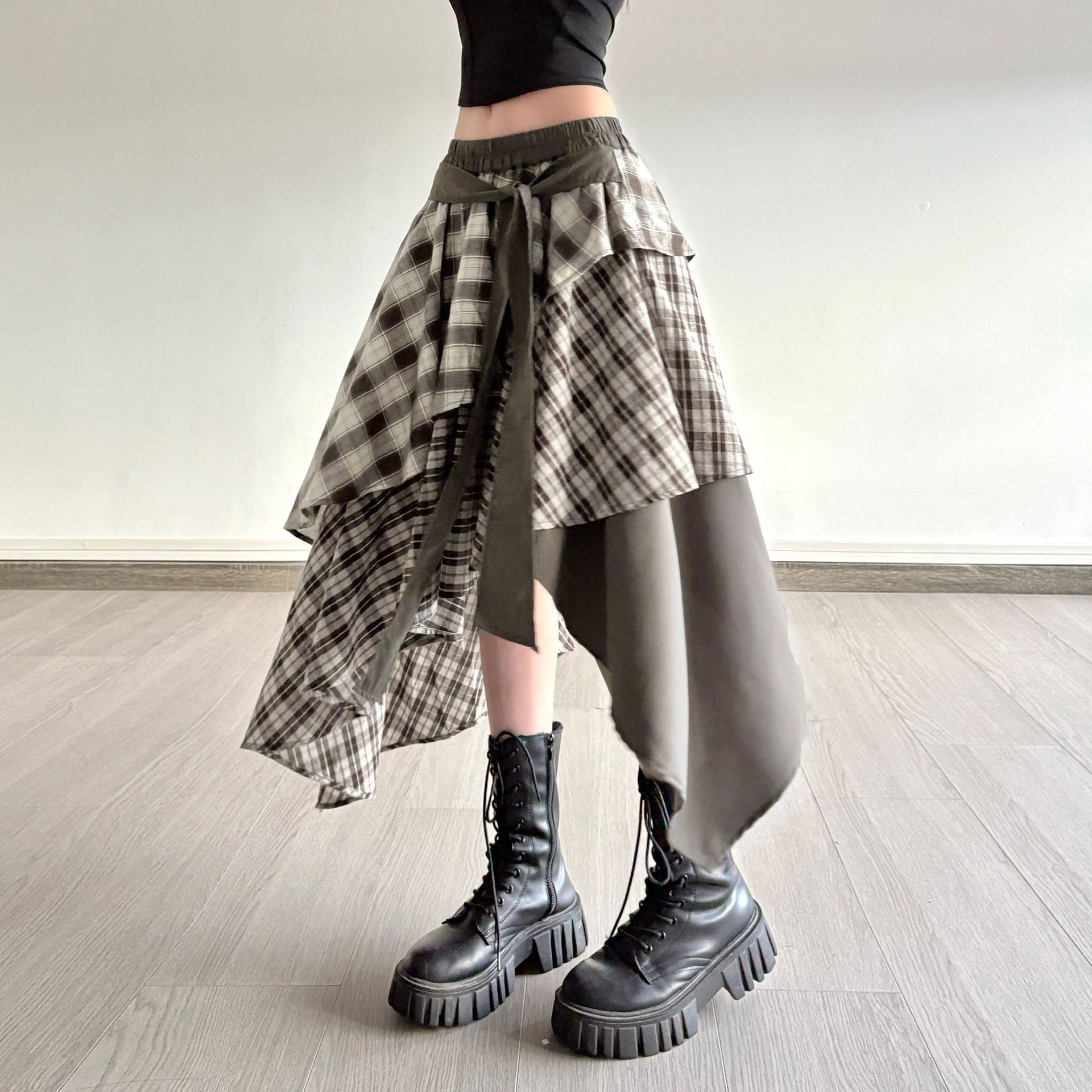 Damen asymmetrischer Wickelrock mit Karomuster und breitem Bindegürtel R&B