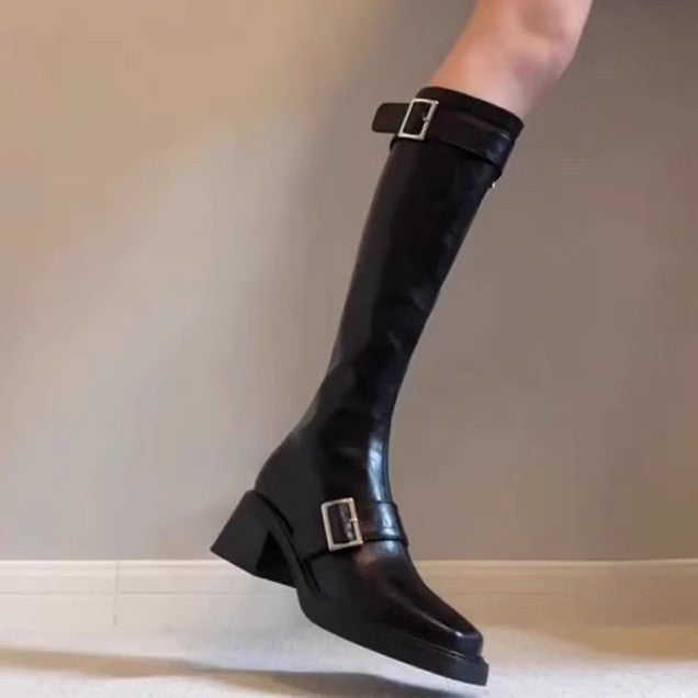 Damen modische Stiefel mit elegantem Schnallenverschluss und robustem Blockabsatz R&B