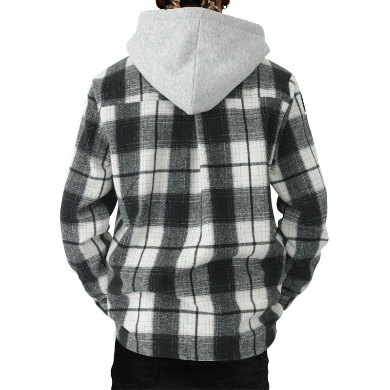 Herren Karierte Flanelljacke mit Hoodie und zwei Brusttaschen R&B