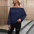 Damen lässiges Off-Shoulder Sweatshirt mit dekorativen Knöpfen R&B