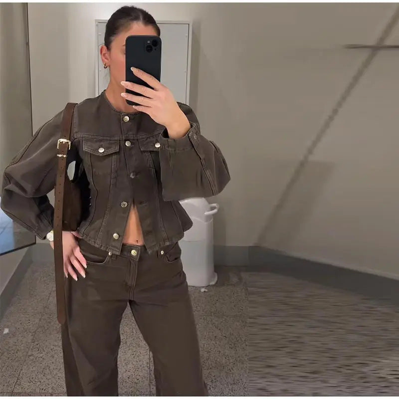 Damen Modische Jeansjacke mit Puffärmeln und dekorativen Knöpfen R&B