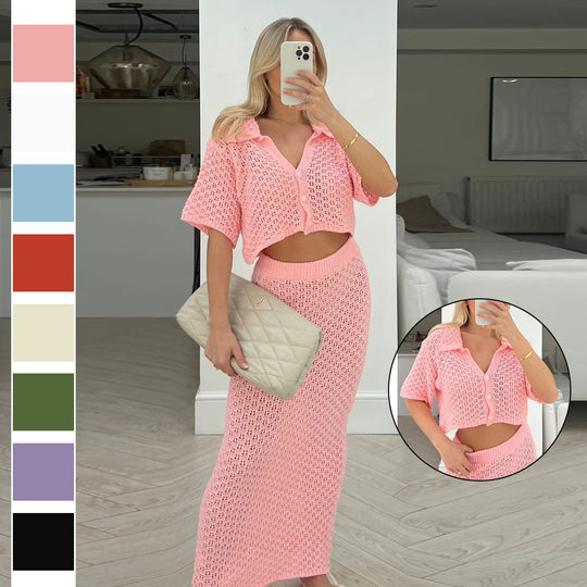 Damen Strick-Set mit offenem Cardigan und maxi Rock R&B