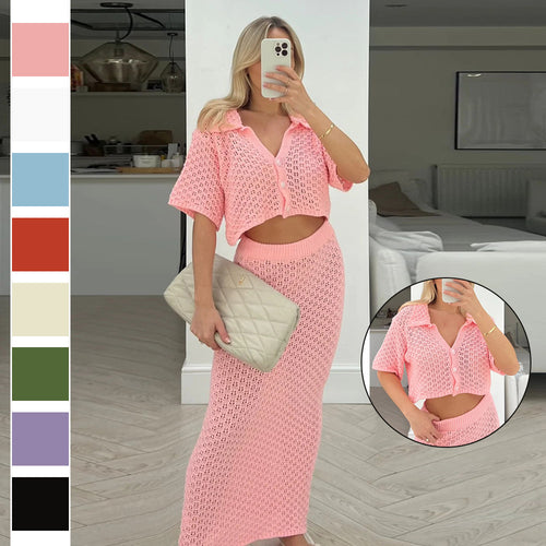 Damen Strick-Set mit offenem Cardigan und maxi Rock R&B