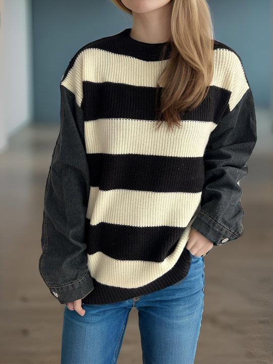 Damen lässiger Strickpullover mit auffälligem Blockstreifenmuster und weiten Ärmeln R&B