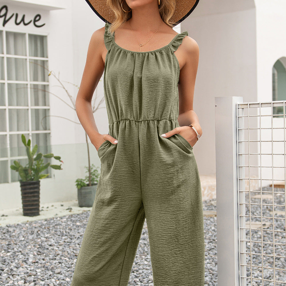 Damen luftiger Jumpsuit mit Rüschensäumen und tailliertem Bund R&B