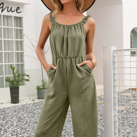 Damen luftiger Jumpsuit mit Rüschensäumen und tailliertem Bund R&B