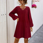 Damen Legeres Strickkleid mit romantischem Schnürdesign R&B