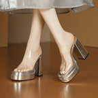 Damen elegante Plateau Mules mit transparentem Riemen R&B