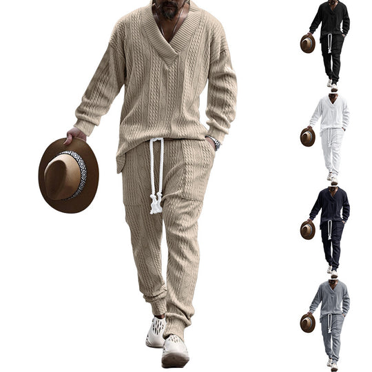 Herren nan komfortables Kabelstrick-Set mit tiefem V-Ausschnitt, Kordelzug-Jogger und Bündchen R&B
