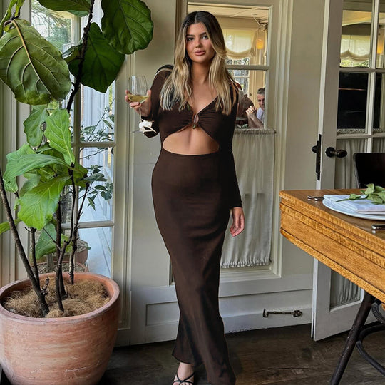 Damen elegantes langes Kleid mit Raffung und tiefem V-Ausschnitt R&B