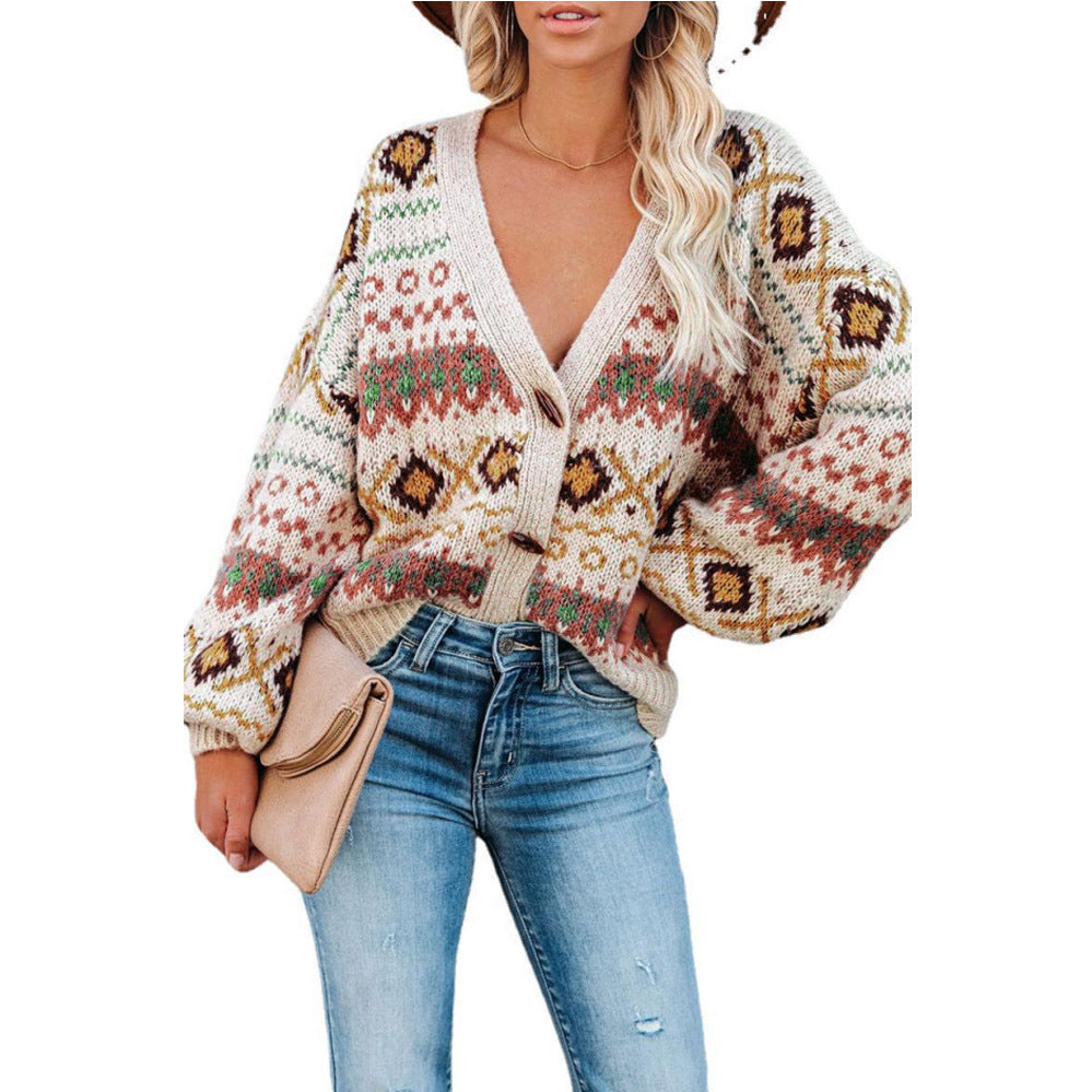 Damen Grobstrickpullover mit V-Ausschnitt und dekorativen Holzknöpfen R&B