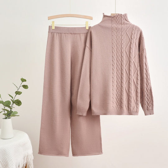 Damen gemütliches Strick-Loungewear-Set mit hochgeschlossenem Kragen R&B
