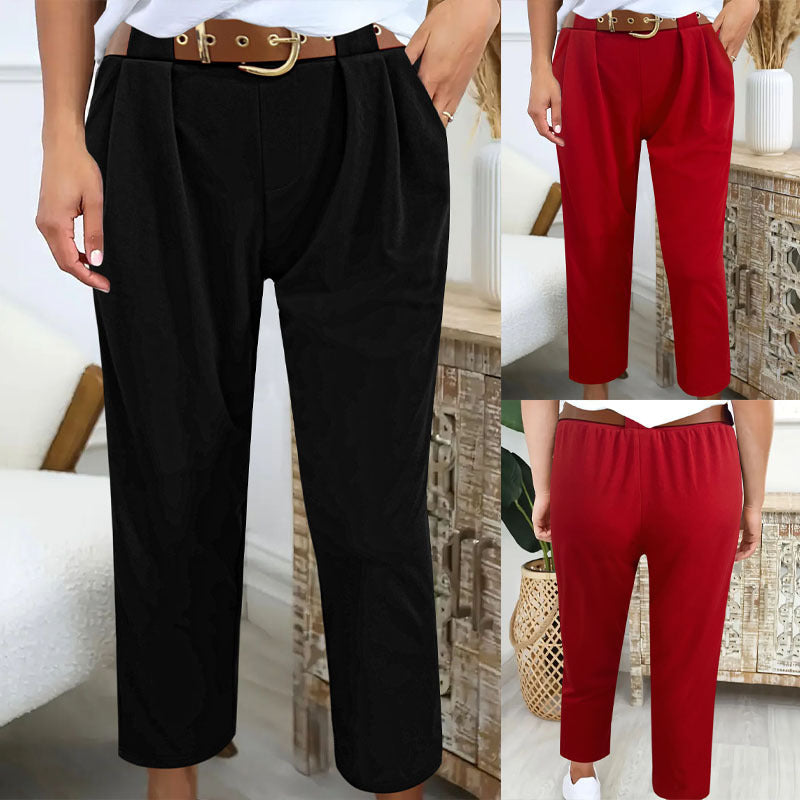 Damen Elegante High-Waist-Hose mit Falten-Details und Gürtel R&B