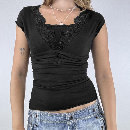 Damen elegantes Oberteil mit feinem Spitzenbesatz und Raffung R&B